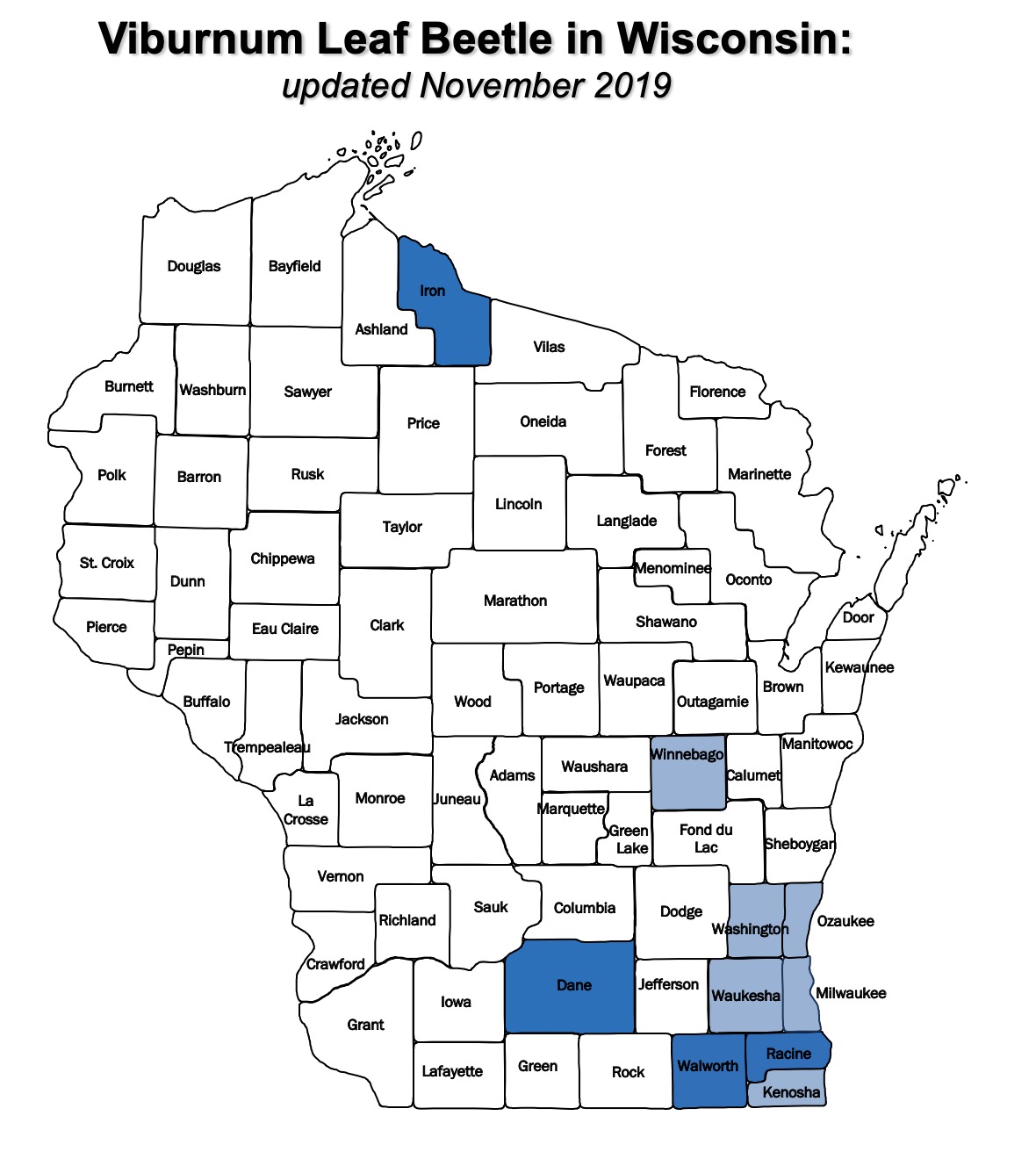 Map of the the viburnum leaf beetle in Wisconsin.